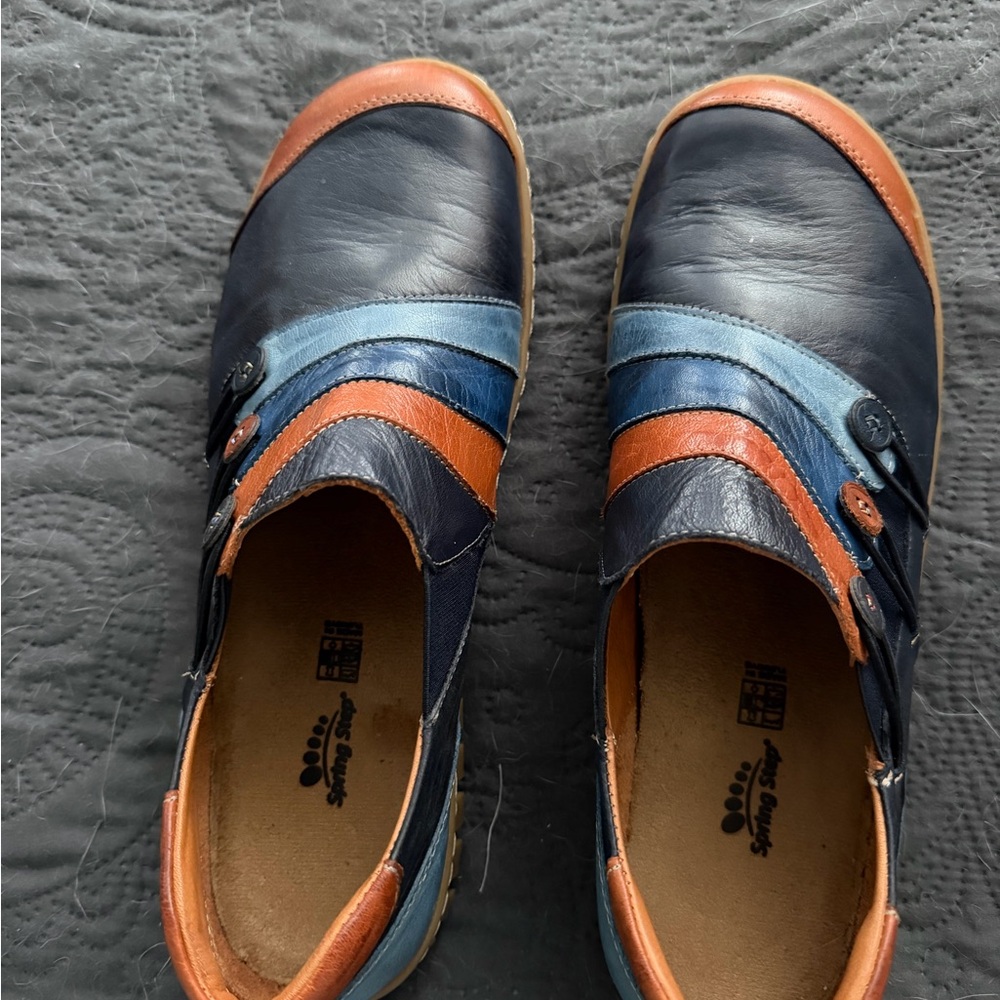 Spring Step Navy, Light Blue and Tan Leather Slip-On Loafers